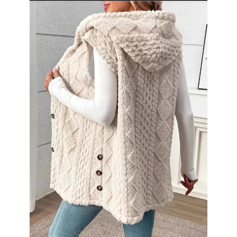 NWT Womens Hooded Plush Vest With Buttons Sleeveless Outerwear S-XXL Sizes - Picture 2 of 4